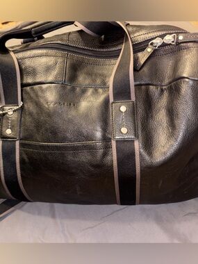 Coach Black Leather Duffel with Brown-Trim Webbing Straps